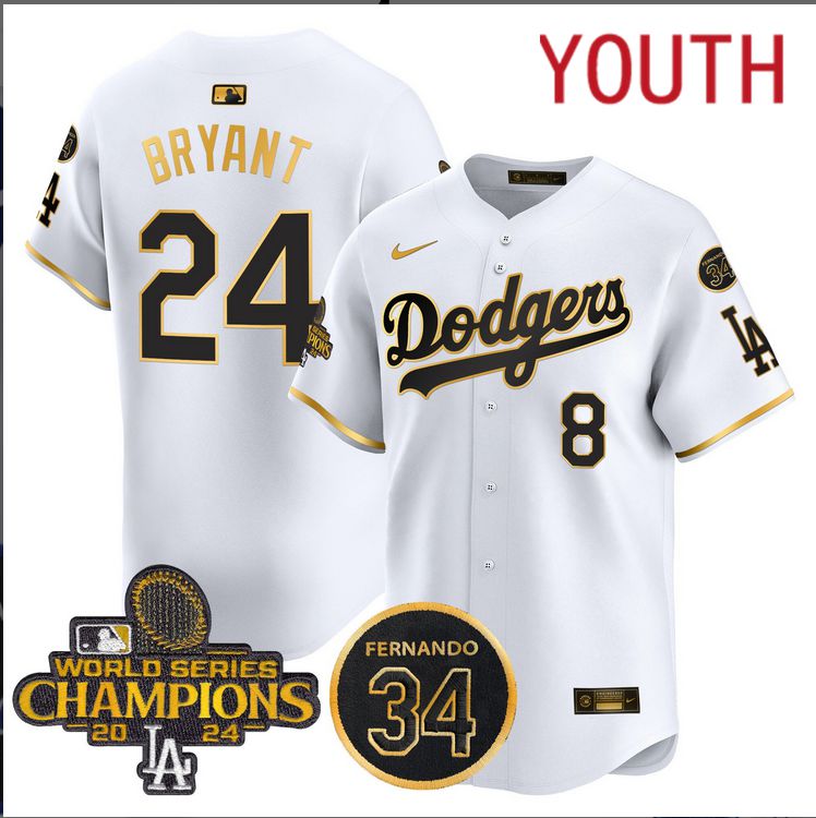 Youth MLB Los Angeles Dodgers #24 Bryant white 2024 World Series Champions Patch Limited Jersey style 3